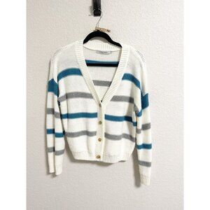 Stitches‎ & Stripes Womens V Neck Buttoned Cardigan Striped Cream Blue Large